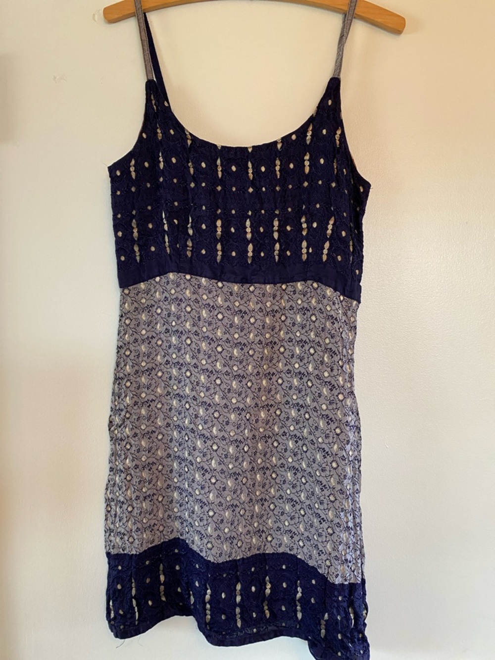 Navy and Cream Printed Spaghetti Strap Dress